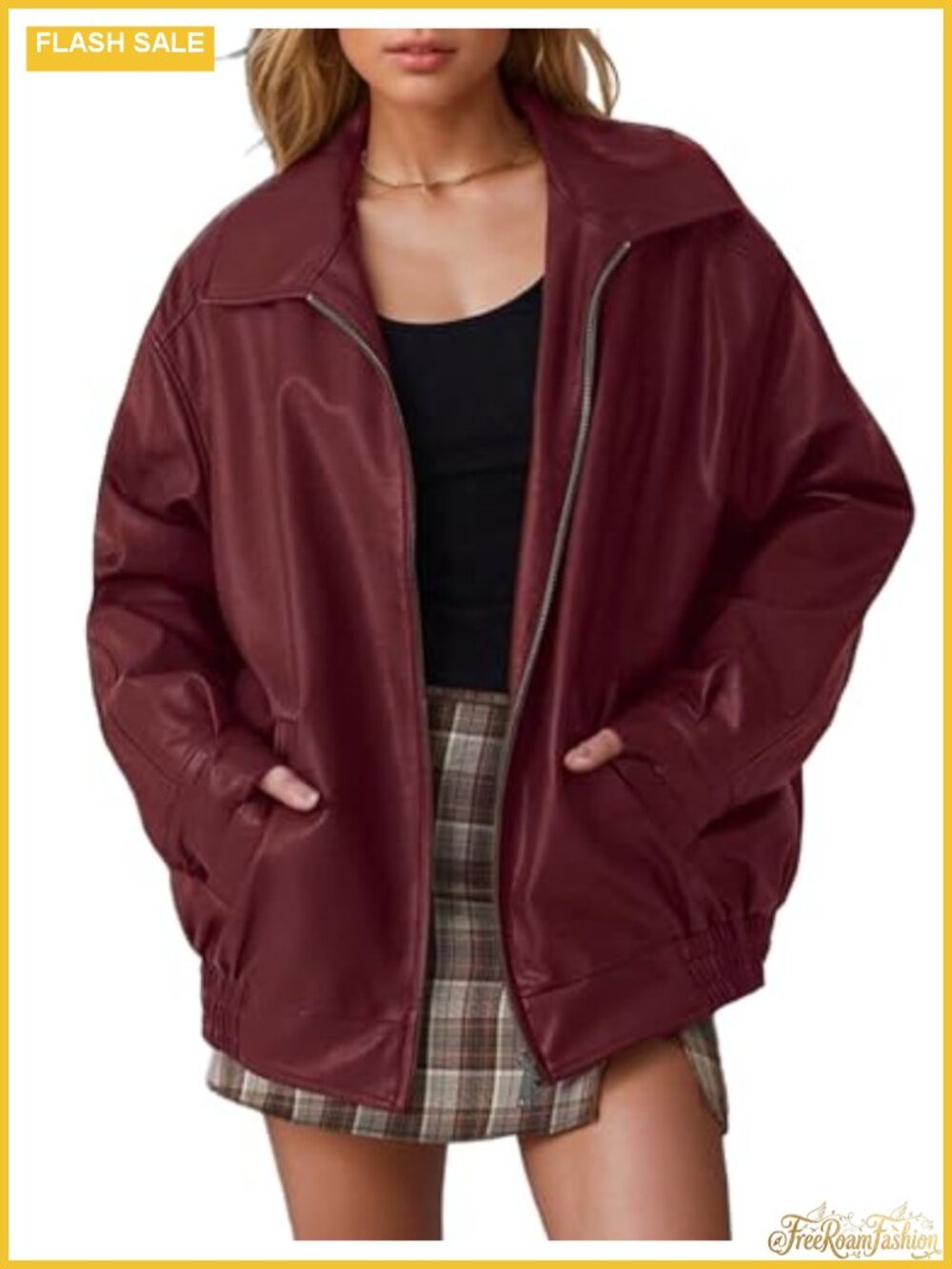 Oversized Faux Leather Motorcycle Bomber Jacket Women Pockets